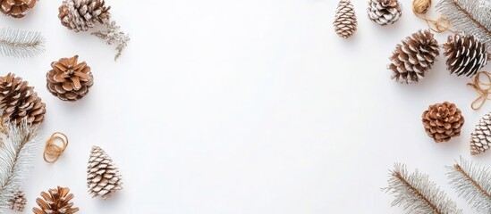 Zero Waste Christmas Banner with Pine Cones Fir Branches and Natural Gifts on White Background for Eco-Friendly Holiday Decor Flat Lay