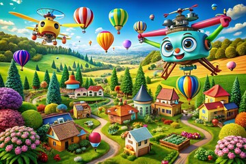Obraz premium Aerial View of Whimsical and Comical Clip Art Elements in a Vibrant, Colorful Landscape Captured with Drone Photography, Showcasing Humor and Creativity from Above
