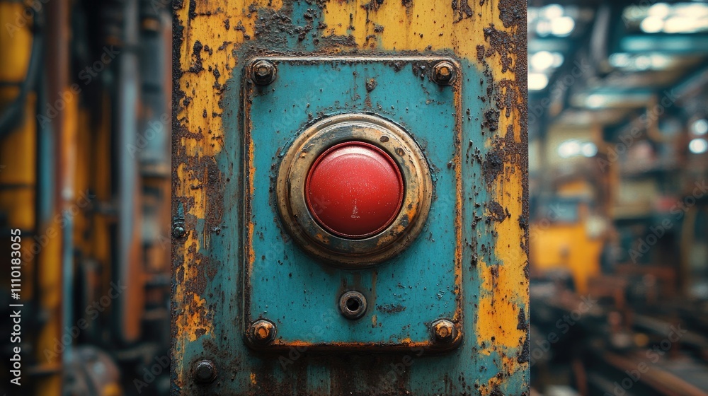 Poster industrial emergency stop button on rusty machine in factory setting