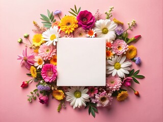 Aerial View of White Square Card on Pink Background Surrounded by Delicate Flowers - Perfect Mockup for Creative Projects and Copy Space Utilization
