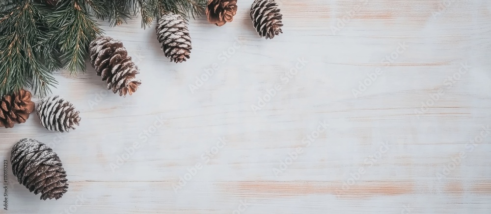 Poster christmas card design with space for text decorated with fir branches and pine cones on a rustic woo