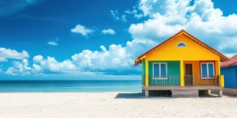 Obraz premium Vibrant Beach House Under a Sunny Sky: Tropical Paradise Getaway