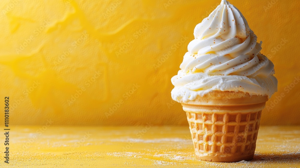 Poster delicious soft serve ice cream in a waffle cone against a vibrant yellow background with space for t