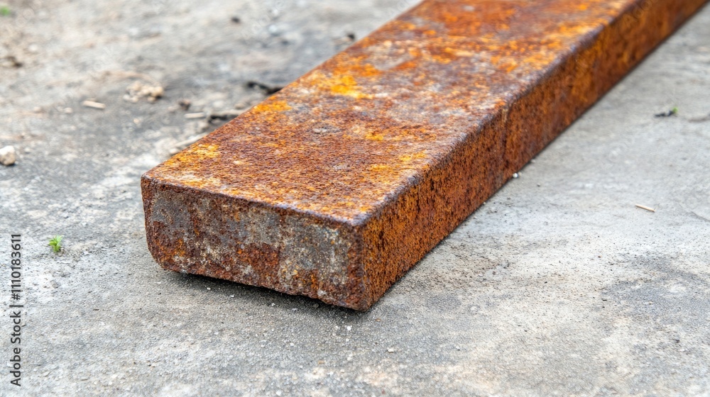 Poster Rusty rectangular metal pipe bar resting on a dirty concrete floor showcasing textures and aging in an industrial environment.
