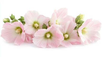 Delicate pink hollyhock flowers arranged elegantly on a pristine white background showcasing their natural beauty and charm.