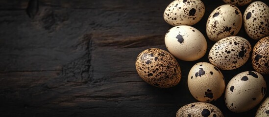 Obraz premium Quail eggs with speckled shells arranged on a rustic dark wooden background for Easter-themed decorations and culinary presentations
