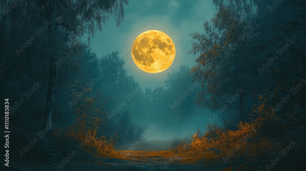 Poster moonlit forest path with glowing foliage creating an enchanting nocturnal scene under a bright full 