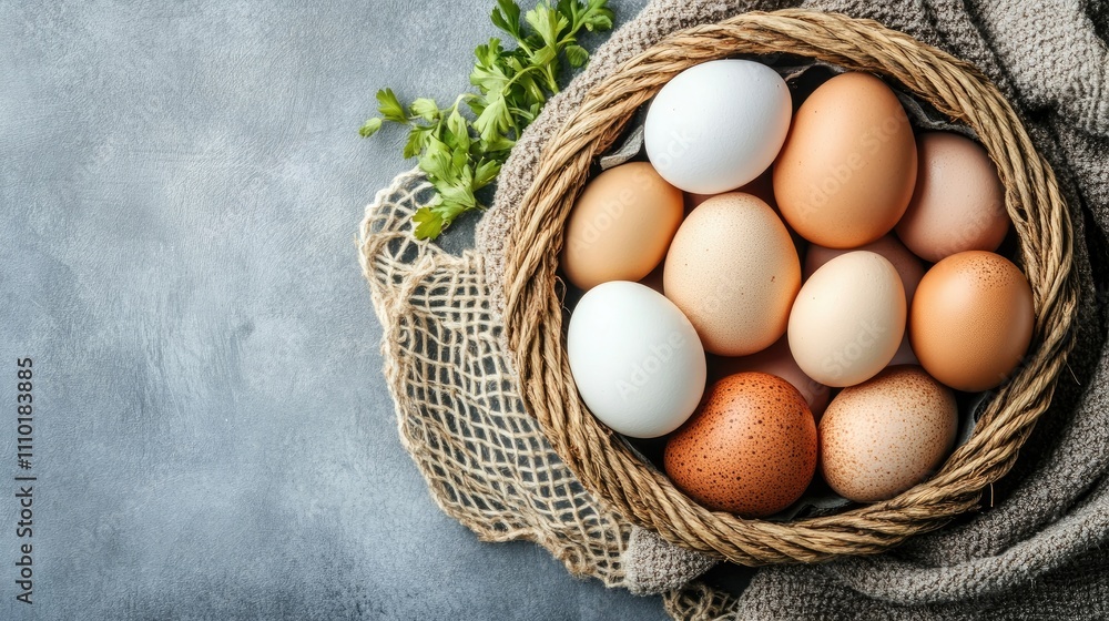Poster basket of assorted fresh eggs on a textured surface with greenery and neutral tones symbolizing dive