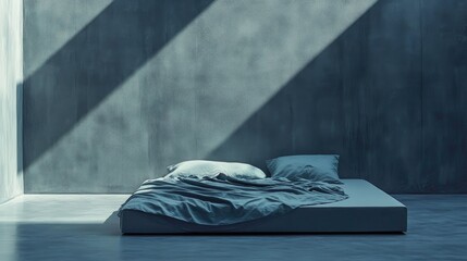 Minimalist bedroom interior with gray and light blue bedding in a cement-finished space showcasing soft shadows and tranquility.