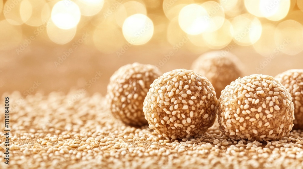 Poster honey glazed peanut balls with sesame seeds on blurred abstract background creating an inviting and 