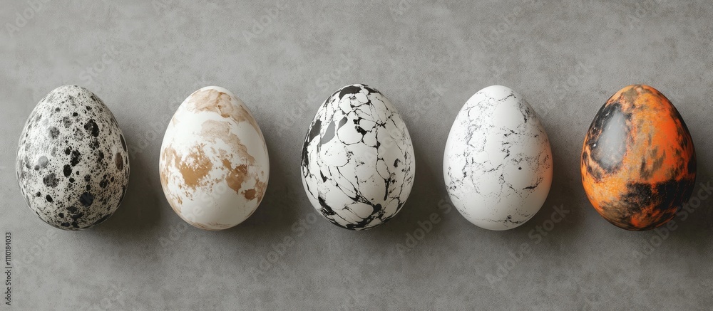 Aufkleber decorative easter eggs in varying colors and patterns arranged on a textured grey background