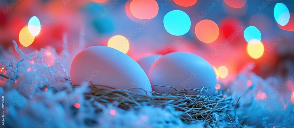 Poster easter eggs nestled in a decorative nest with vibrant bokeh lights creating a festive atmosphere ide