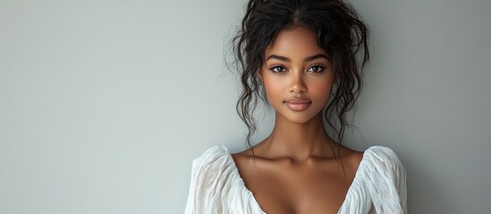 Fototapeta premium Elegant young woman in a white long dress posing against a minimalistic white studio backdrop showcasing high fashion and beauty.
