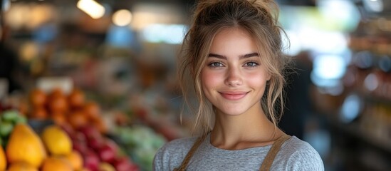 Smiling female shop assistant in grocery store with fresh produce background showcasing vibrant market atmosphere