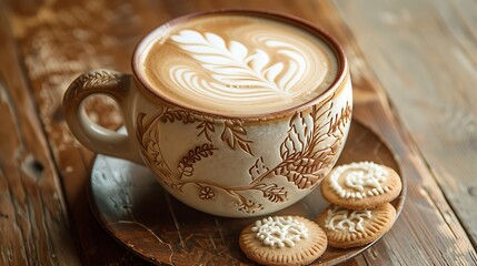 A latte art cup paired with cookies captures rustic charm