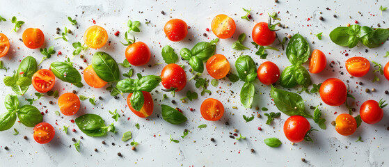 Fresh tomatoes and basil arranged artfully on a textured surface for a culinary presentation