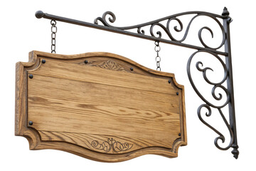 Vintage-style wooden hanging sign with ornate metal brackets, featuring a blank surface and decorative carvings along its edges, isolated on a transparent background