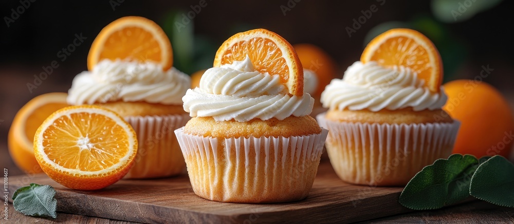 Poster tangerine and carrot cupcakes topped with cream cheese frosting and fresh citrus slices on a rustic 