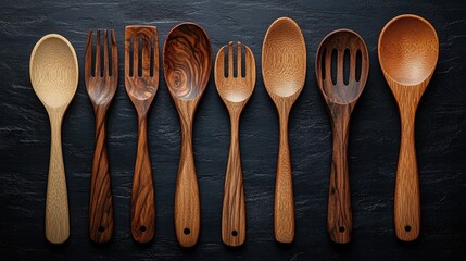 Vintage wooden kitchen utensils arranged on a dark slate background showcasing a variety of spoons and forks for culinary use.