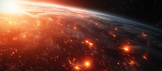 Glowing Earth at Night with Fiery Lights and Starry Background in Cosmic Perspective