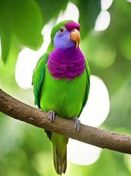 A Plum-Headed Parakeet perched on a sunlit branch, its vibrant plumage shimmering in shades of emerald green and deep plum. The gentle bird gazes softly, surrounded by a lush jungle backdrop with dapp