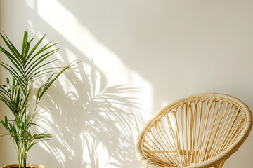 Tropical-inspired interior featuring a wicker chair, white cushion, and palm decor.
