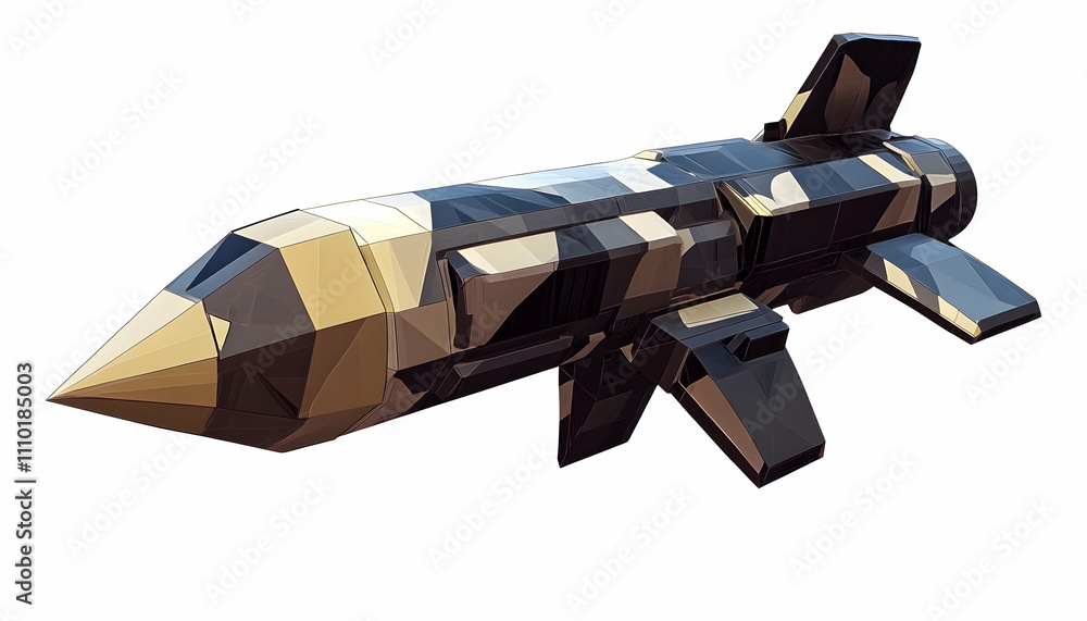Poster a low-poly model of a missile, showcasing a modern design with camouflage patterns.