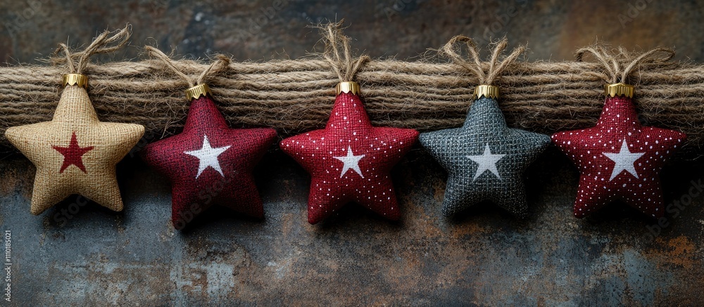 Poster handmade christmas star decorations in red and white on rustic background with twine showcasing a vi