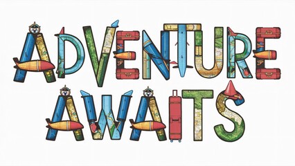 Adventure Awaits, Travel Typography Art Print - Vintage Map & Airplane Design for Wanderlust Decor