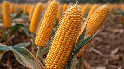 Golden corn cobs in a lush field showcasing corn cultivation with a soft blurred background highlighting agricultural beauty