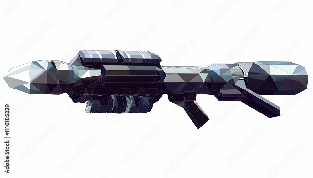 Poster a low-poly futuristic weapon design with angular shapes and a sleek appearance.