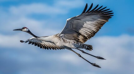 Fototapeta premium Majestic crane soaring gracefully through a vibrant blue sky with soft clouds in the background.