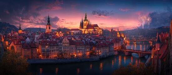 Fototapeta premium Colorful fireworks illuminating the night sky over a scenic river cityscape with historic architecture and a vibrant sunset backdrop.