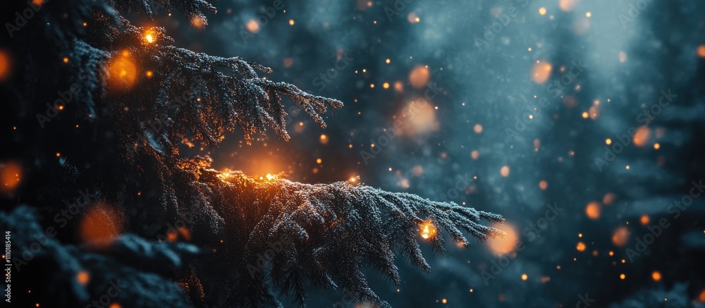 Poster bokeh christmas lights background with defocused evergreen tree creating a festive and magical atmos