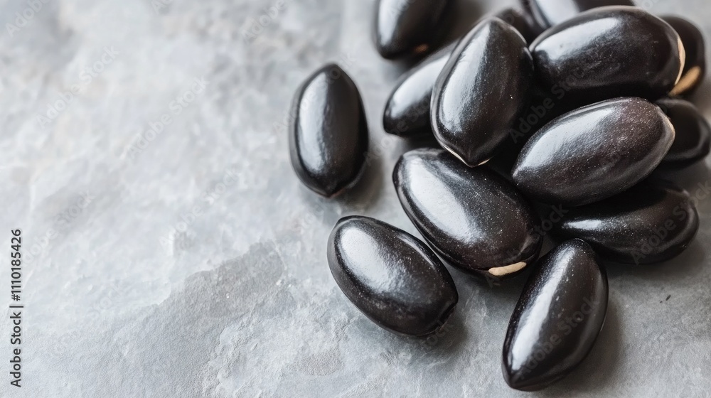 Poster fried black sunflower seeds arranged on a textured surface showcasing their glossy finish and unique
