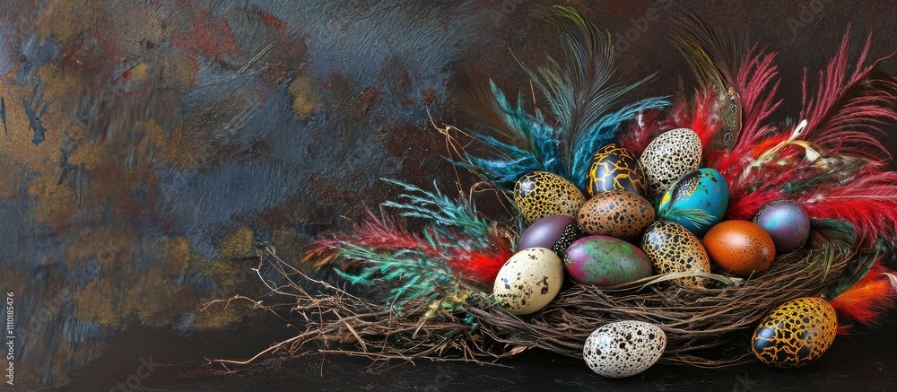 Poster elegant nest with colorful quail eggs and vibrant feathers on a dark rustic background for easter an