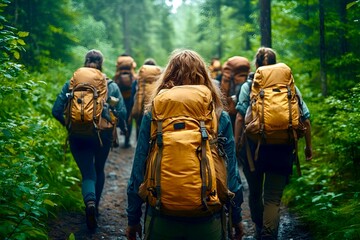 Group of friends are walking through the woods with their backpacks on a dirt path. There are tall trees and lush green foliage all around. Hiking, volunteering, a rescue mission.
