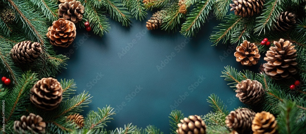 Poster frame decorated with fir branches and pine cones on a dark colored backdrop creating a festive and n