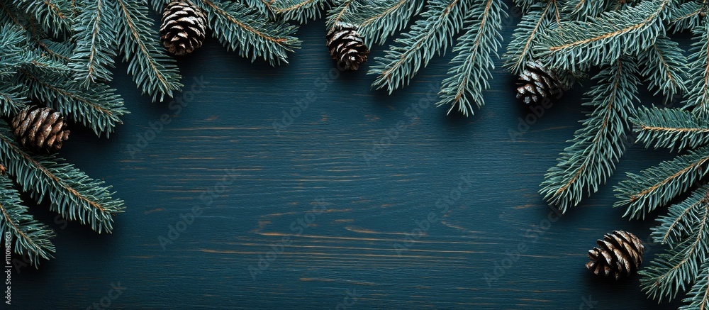 Poster christmas card design with dark wooden background and vertically arranged fir branches and pine cone