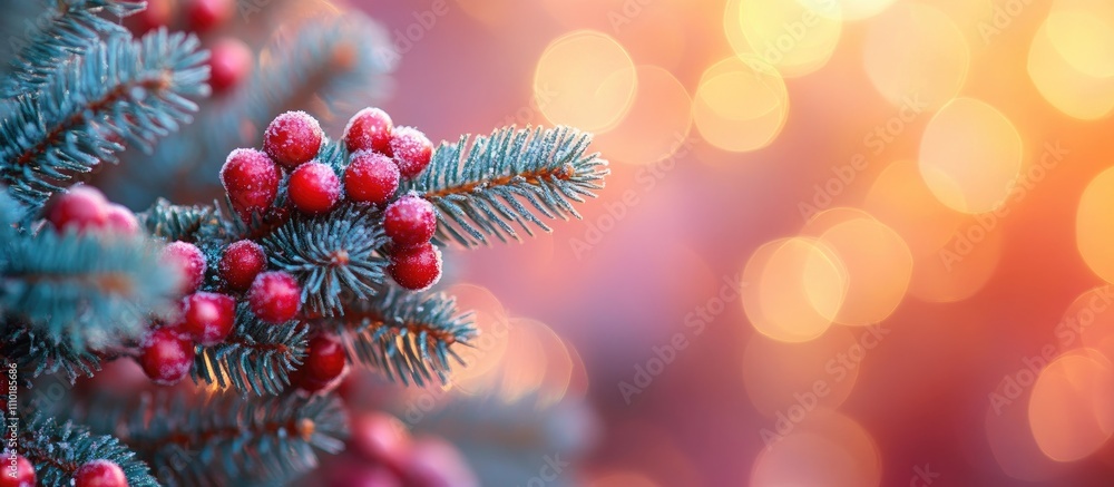 Poster christmas tree branch adorned with red berries against a warm bokeh background creating a festive ho