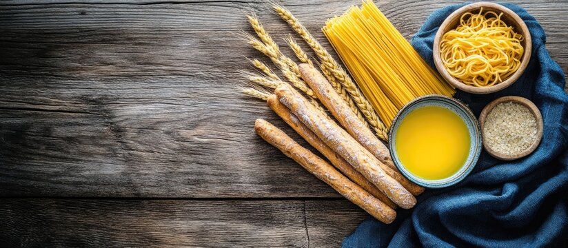 Flat lay of pasta ingredients on wooden table with breadsticks gressini olive oil and sesame seeds creating a rustic culinary scene