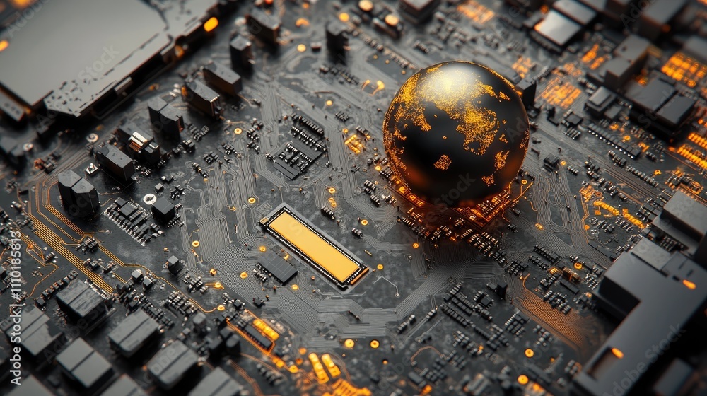 Poster technology globe on a circuit board representing digital transformation and global connectivity in a