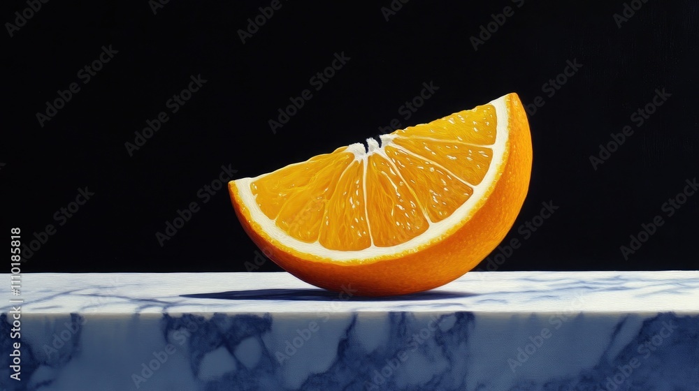 Poster fresh orange slice on marble countertop with dramatic lighting showcasing texture and color in a min