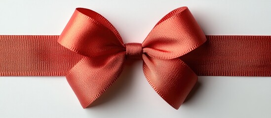 Elegant red ribbon bow with sleek texture on a white background for festive gift wrapping or decorative purposes