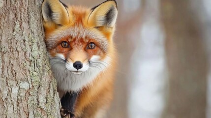 Fototapeta premium Young red fox gazing curiously from behind a tree in a serene forest setting showcasing its vibrant fur and captivating expression