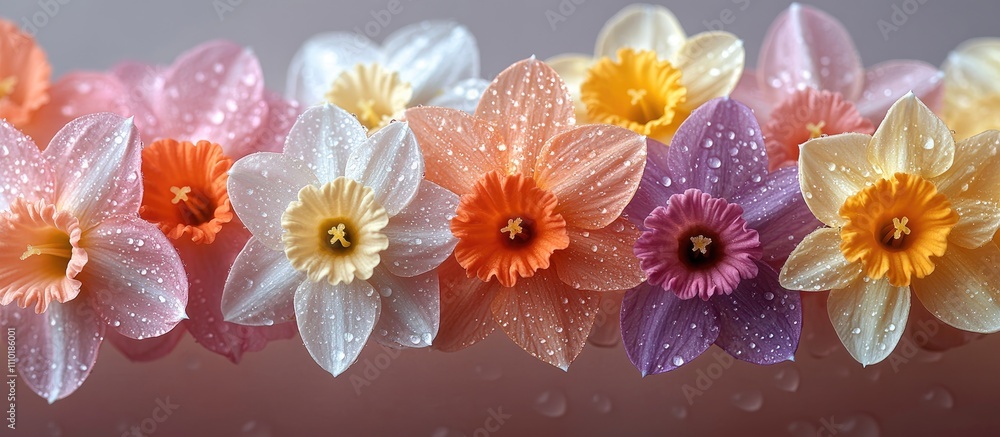 Poster floral backdrop with vibrant daffodil flower heads in soft focus and water droplets creating a seren