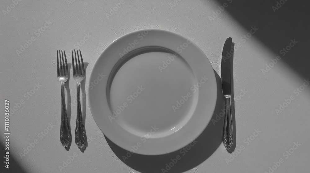 Aufkleber empty dining plate with knife and fork arranged elegantly on a neutral background ready for food pre