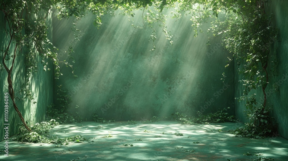 Aufkleber lush green forest setting with sunlight streaming through trees creating a serene and tranquil atmos