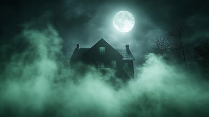 Fototapeta premium A house is covered in smoke and the moon is in the background