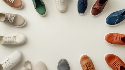 A variety of shoes arranged in a circle on a neutral background, each pair symbolizing a different path in life, minimalistic photography style